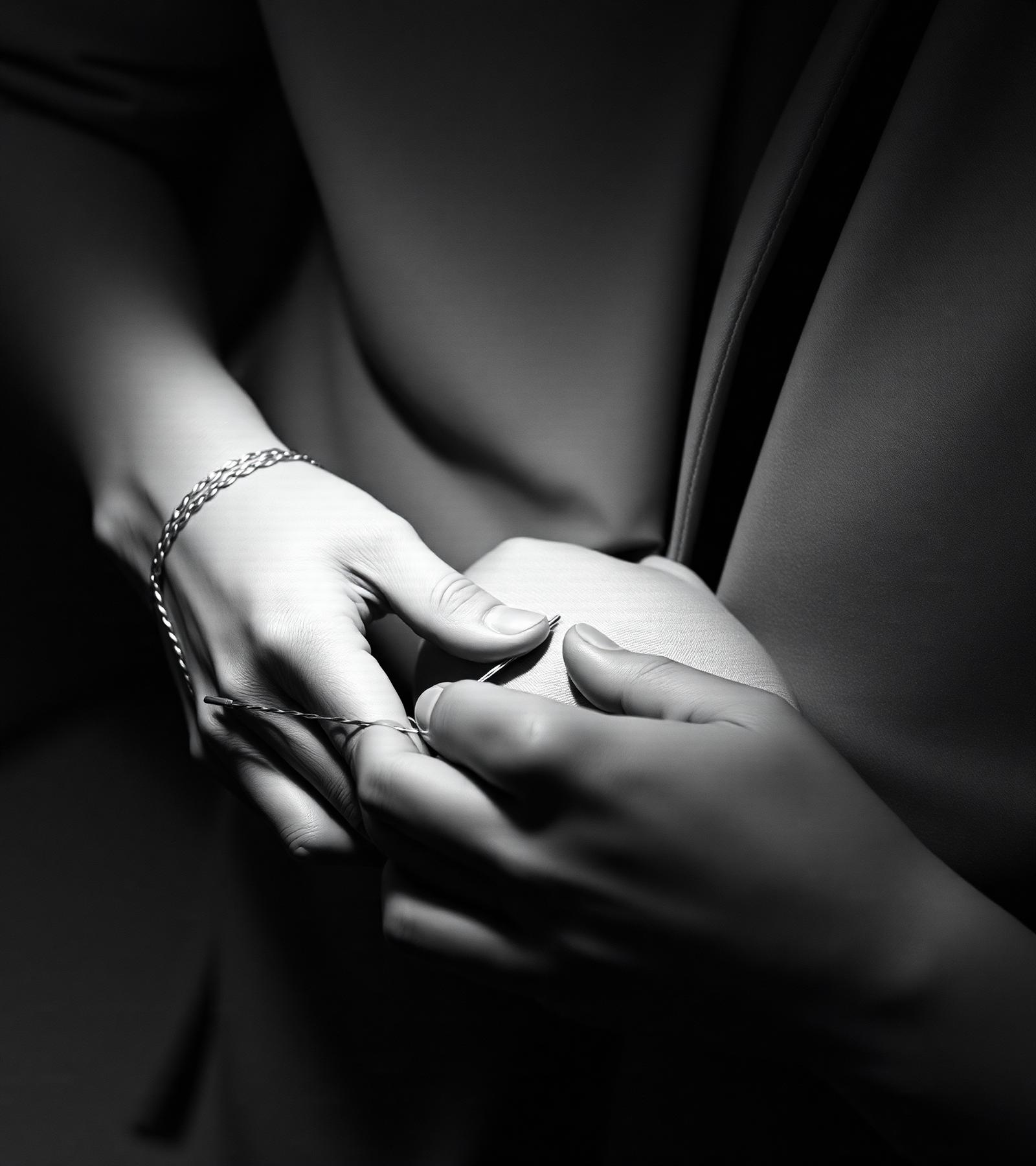 Hands working on a couture garment